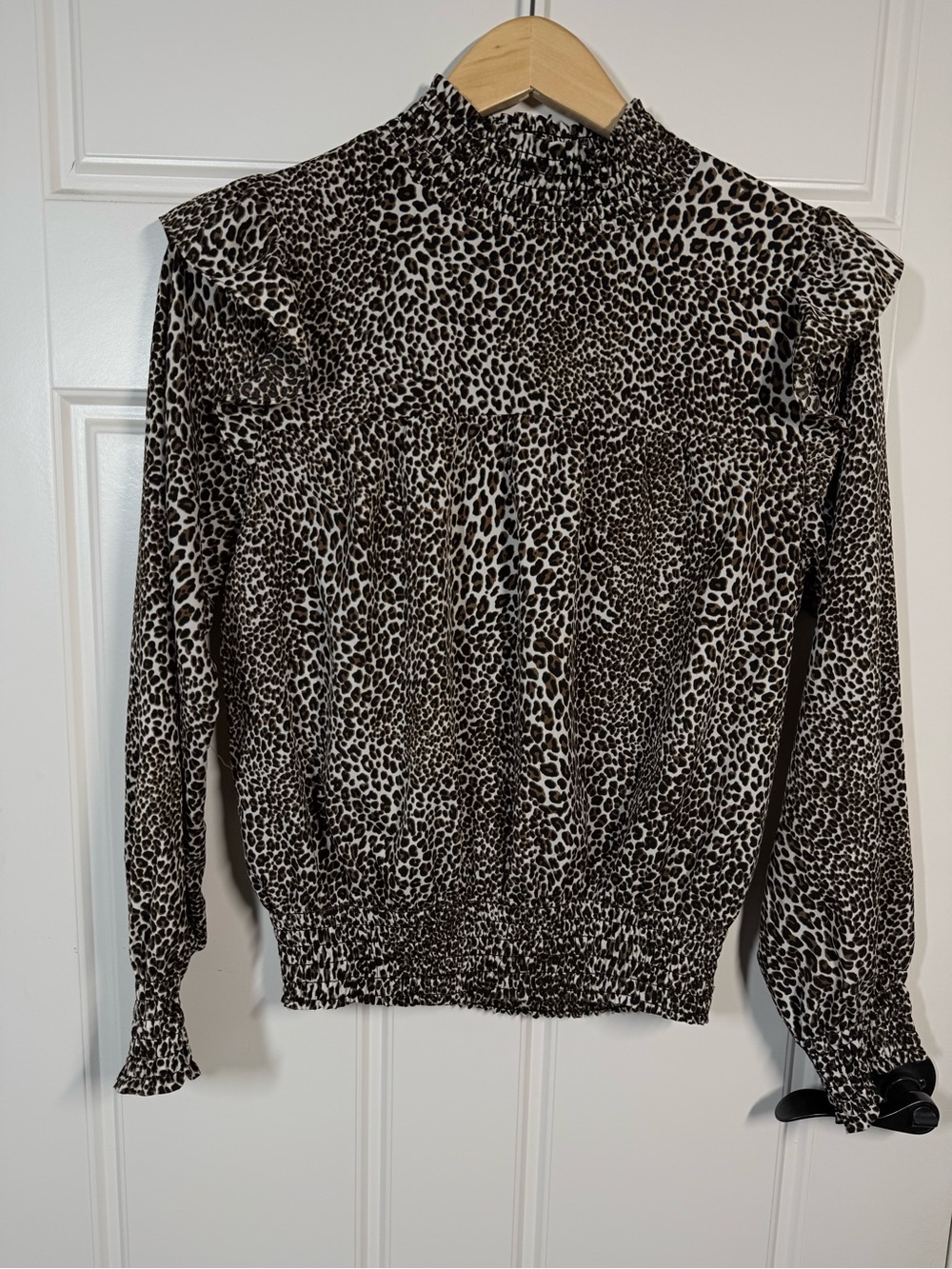 THML Leopard animal Print long sleeved mock turtle neck ruffled sleeve shirt S